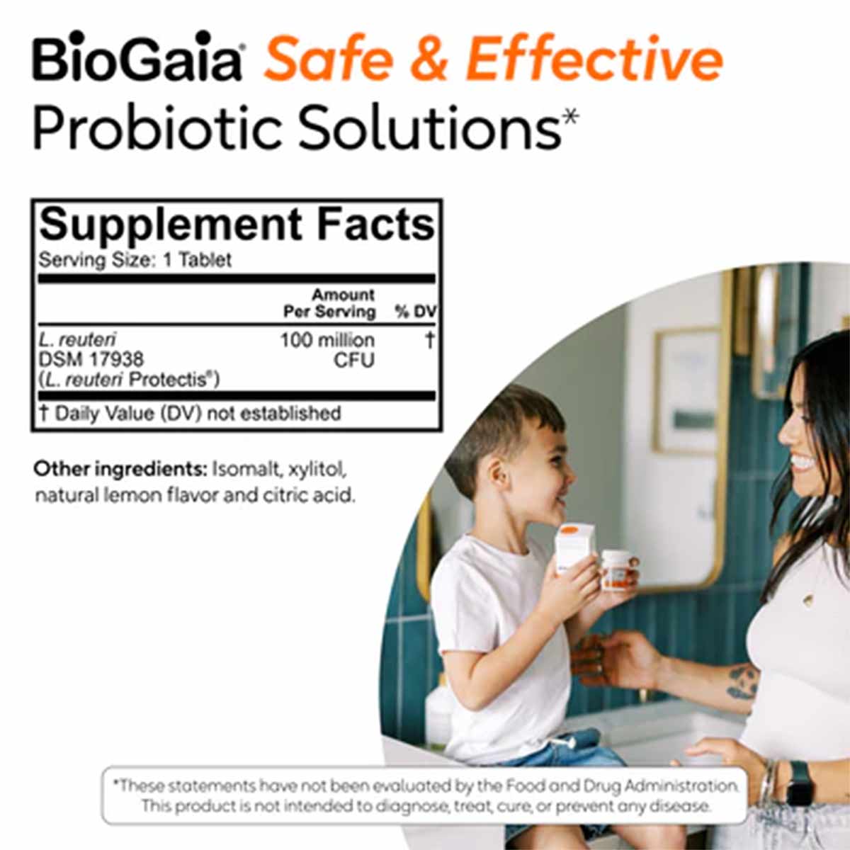 BioGaia Protectis Kids Probiotics chewable tablet with supplement facts label and child with adult.