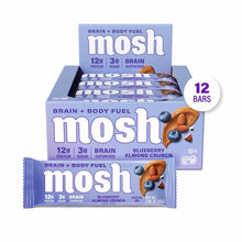 MOSH protein bar box containing 12 blueberry almond crunch bars with 12g protein and 3g sugar per bar.