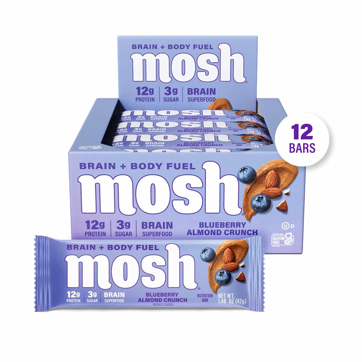 MOSH protein bar box containing 12 blueberry almond crunch bars with 12g protein and 3g sugar per bar.