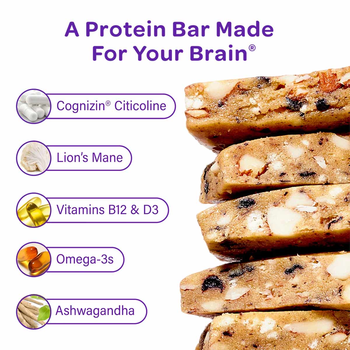 Stacked protein bars with white chunks and dark bits, labeled with ingredients including Cognizin Citicoline, Lion's Mane, Vi