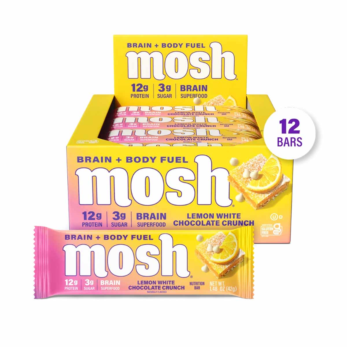 MOSH protein bars in lemon white chocolate crunch flavor, 12-pack box with individual wrapped bars displayed.