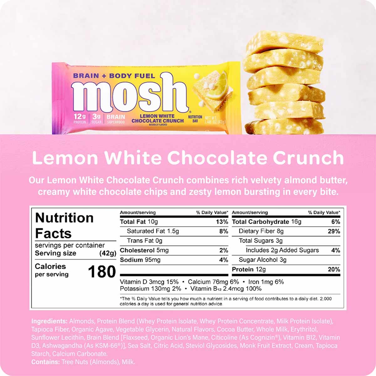 MOSH Lemon White Chocolate Crunch protein bar wrapper and stacked bar pieces on pink background.