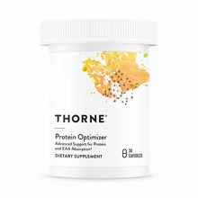White bottle of Thorne Protein Optimizer dietary supplement with yellow and orange splatter design, containing 30 capsules.