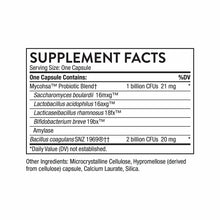 Supplement Facts label showing Mycohsa Probiotic Blend and Bacillus coagulans with ingredients including Lactobacillus and Bi