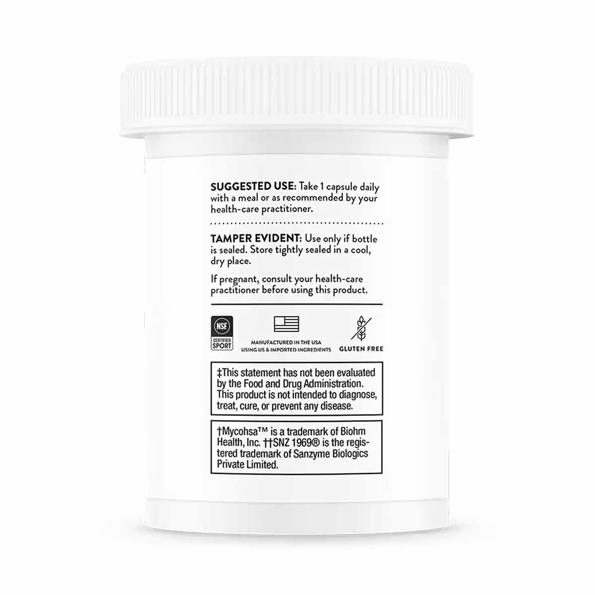 White supplement bottle with white ridged cap showing usage instructions, tamper evident seal notice, NSF Certified Sport lab