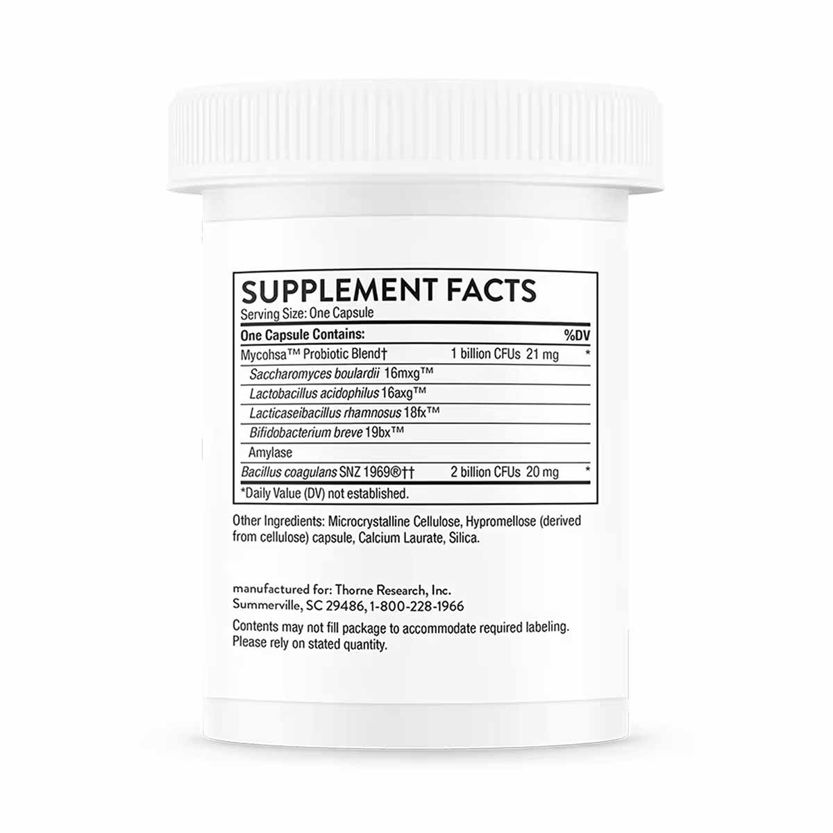White capsule bottle with white ribbed cap showing Supplement Facts label listing probiotic blend ingredients.