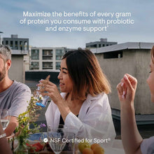 Thorne Research Protein Optimizer supplement bottle displayed with people dining outdoors.