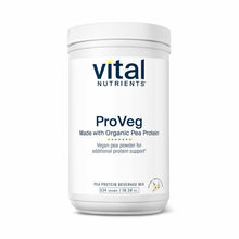White cylindrical container of Vital Nutrients ProVeg organic pea protein powder, 524 grams, with white screw-top lid.