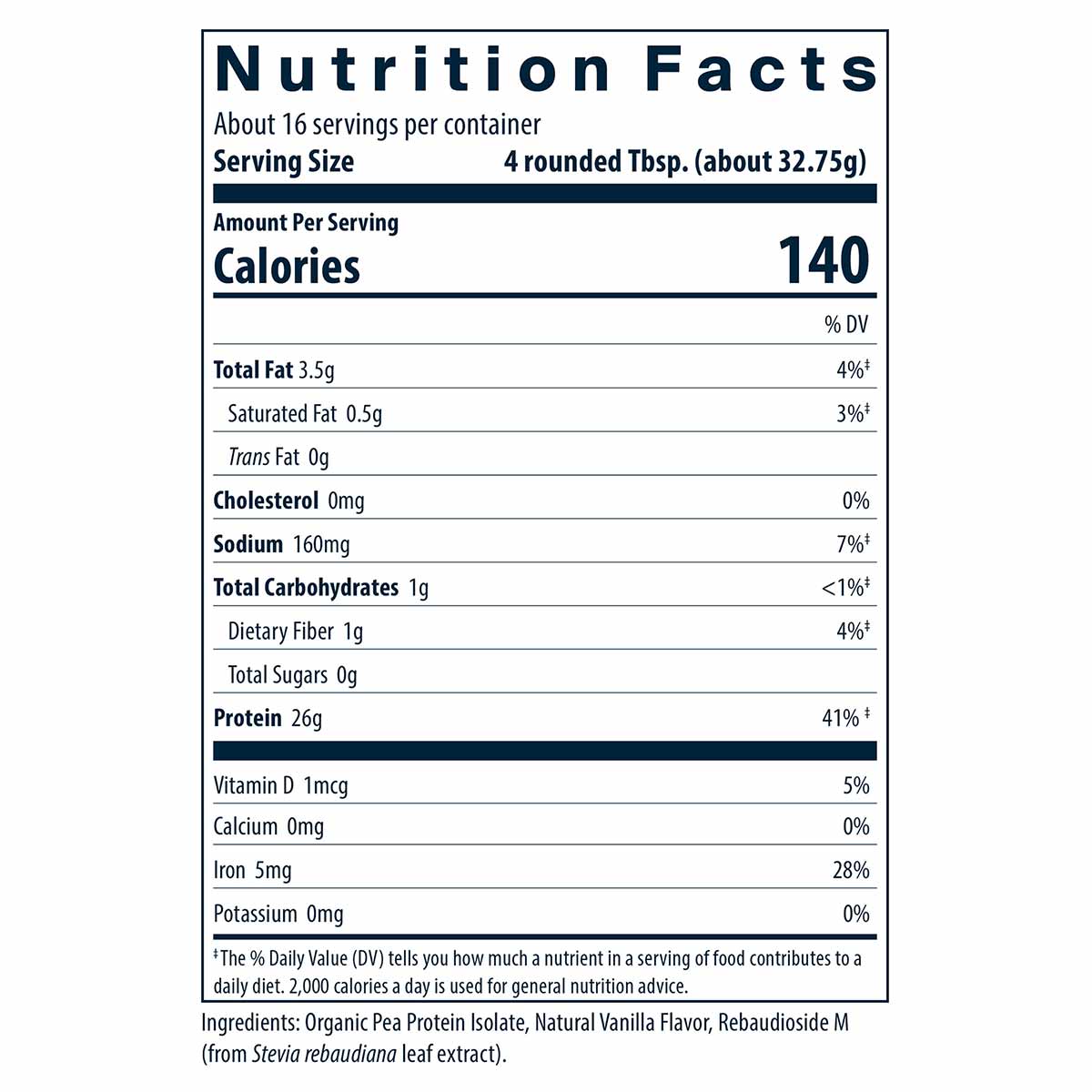 Nutrition Facts label for ProVeg Organic Pea Protein Vanilla showing 140 calories, 26g protein, and ingredients per serving.