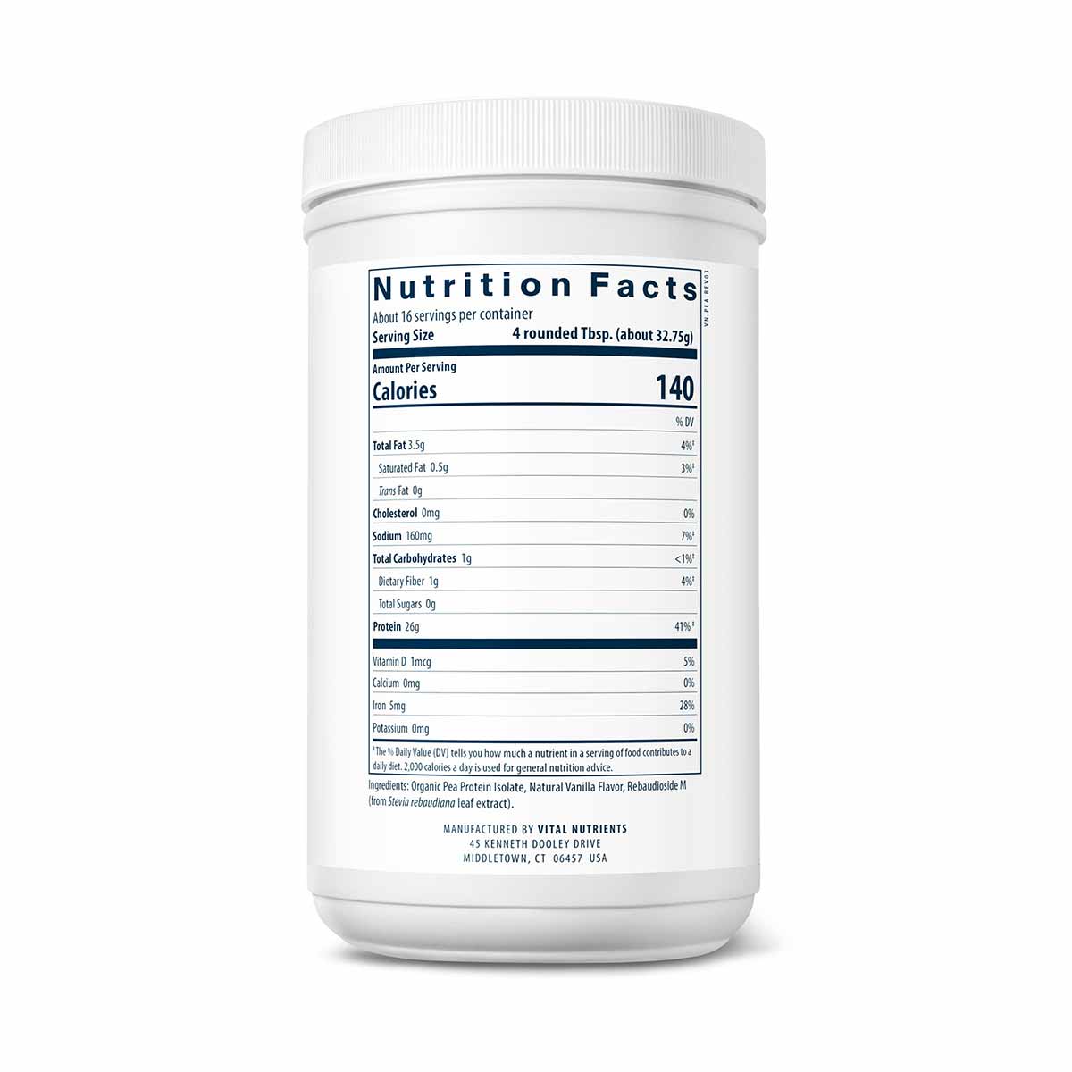 White plastic container of ProVeg Organic Pea Protein powder with white screw-top lid and Nutrition Facts label visible.