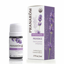 Pranarom Provence essential oil blend bottle with white cap next to purple and white box labeled "Diffusion Blend" with laven