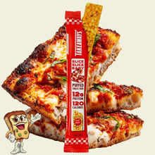 Red Takeaways puffed snack bar wrapper surrounded by pizza slices and a corn puff, 12g protein, 120 calories.