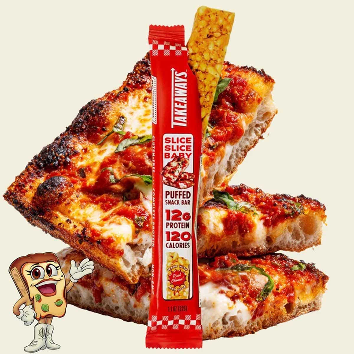 Red Takeaways puffed snack bar wrapper surrounded by pizza slices and a corn puff, 12g protein, 120 calories.