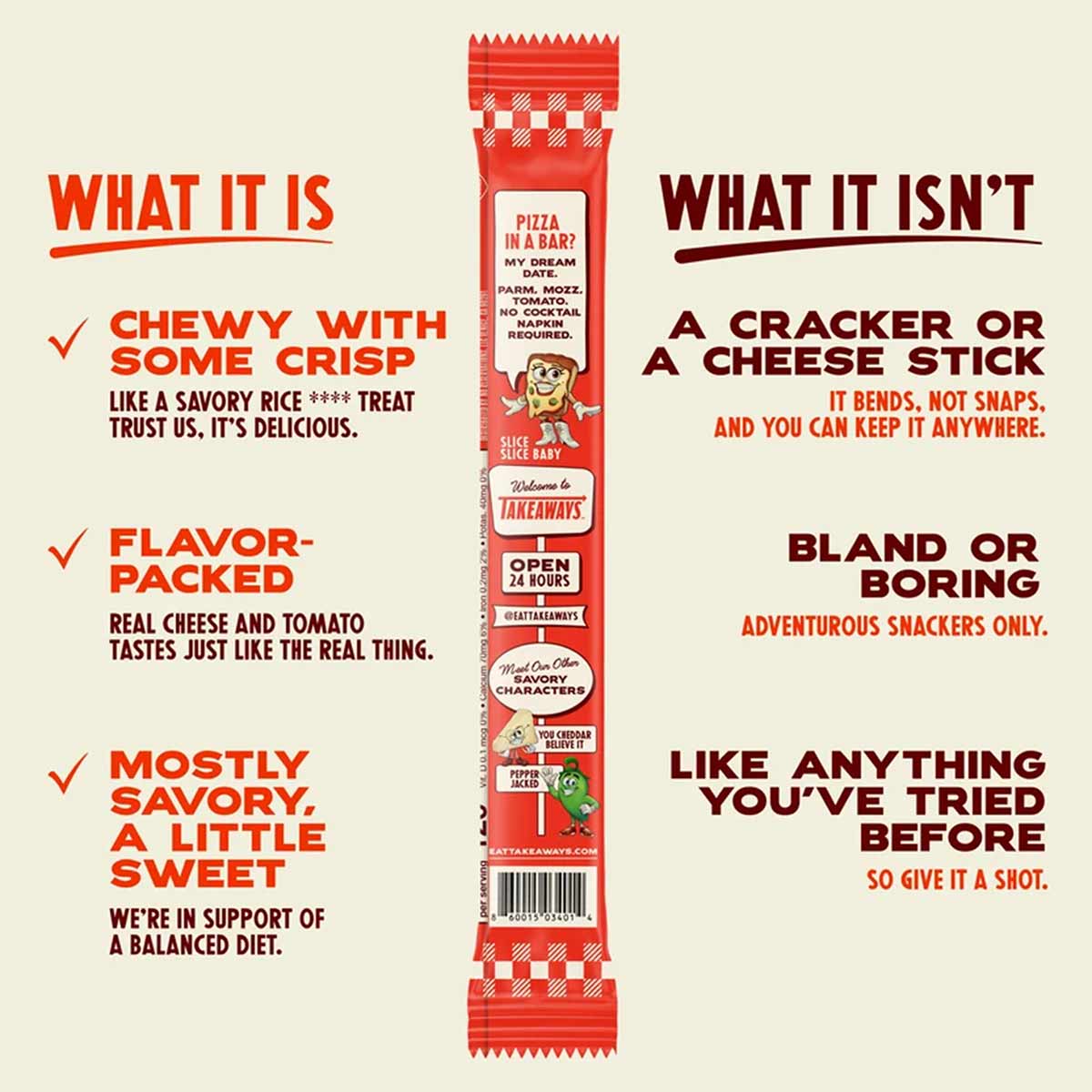 Red and white Takeaways puffed snack bar with pizza flavor branding and product description text on packaging.