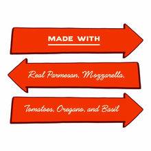 Three red arrows listing ingredients: Parmesan, Mozzarella, Tomatoes, Oregano, and Basil.