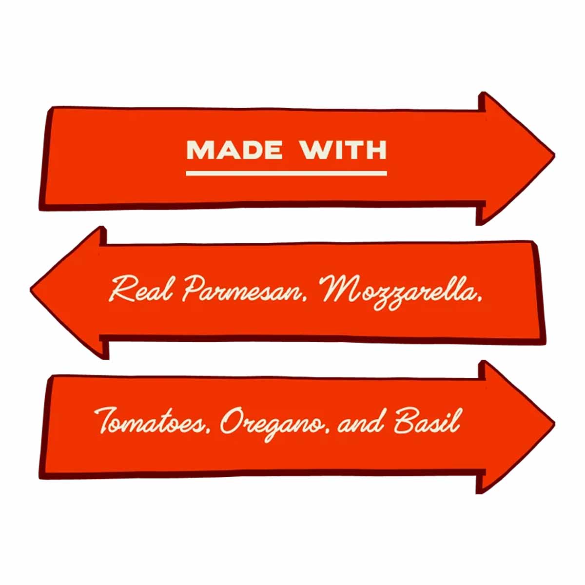 Three red arrows listing ingredients: Parmesan, Mozzarella, Tomatoes, Oregano, and Basil.
