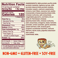 Nutrition label and ingredients list for puffed snack bar with cartoon character graphic and non-GMO, gluten-free, soy-free b