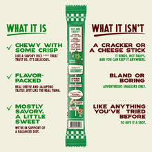 Green wrapper puffed snack bar with cheese and jalapeño flavor text and branding on cream background.
