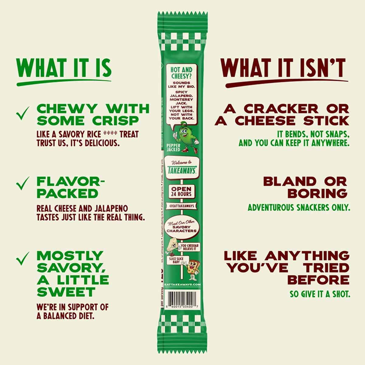 Green wrapper puffed snack bar with cheese and jalapeño flavor text and branding on cream background.