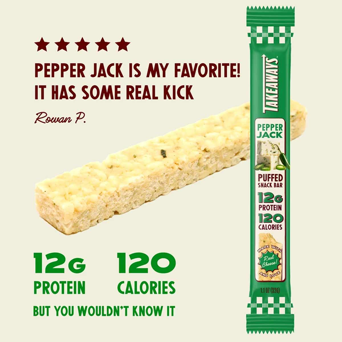 Pepper Jack puffed snack bar in green wrapper with 12g protein and 120 calories per bar.