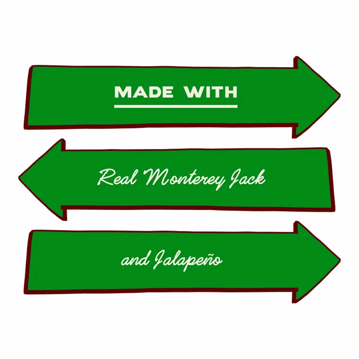 Three green arrows with brown borders displaying text: "Made with," "Real Monterey Jack," and "and Jalapeño."