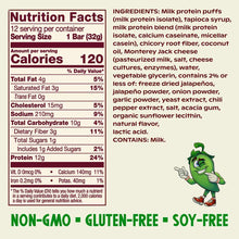 Puffed snack bar nutrition label showing 120 calories per 32g serving with 12g protein, ingredients list, and jalapeno mascot