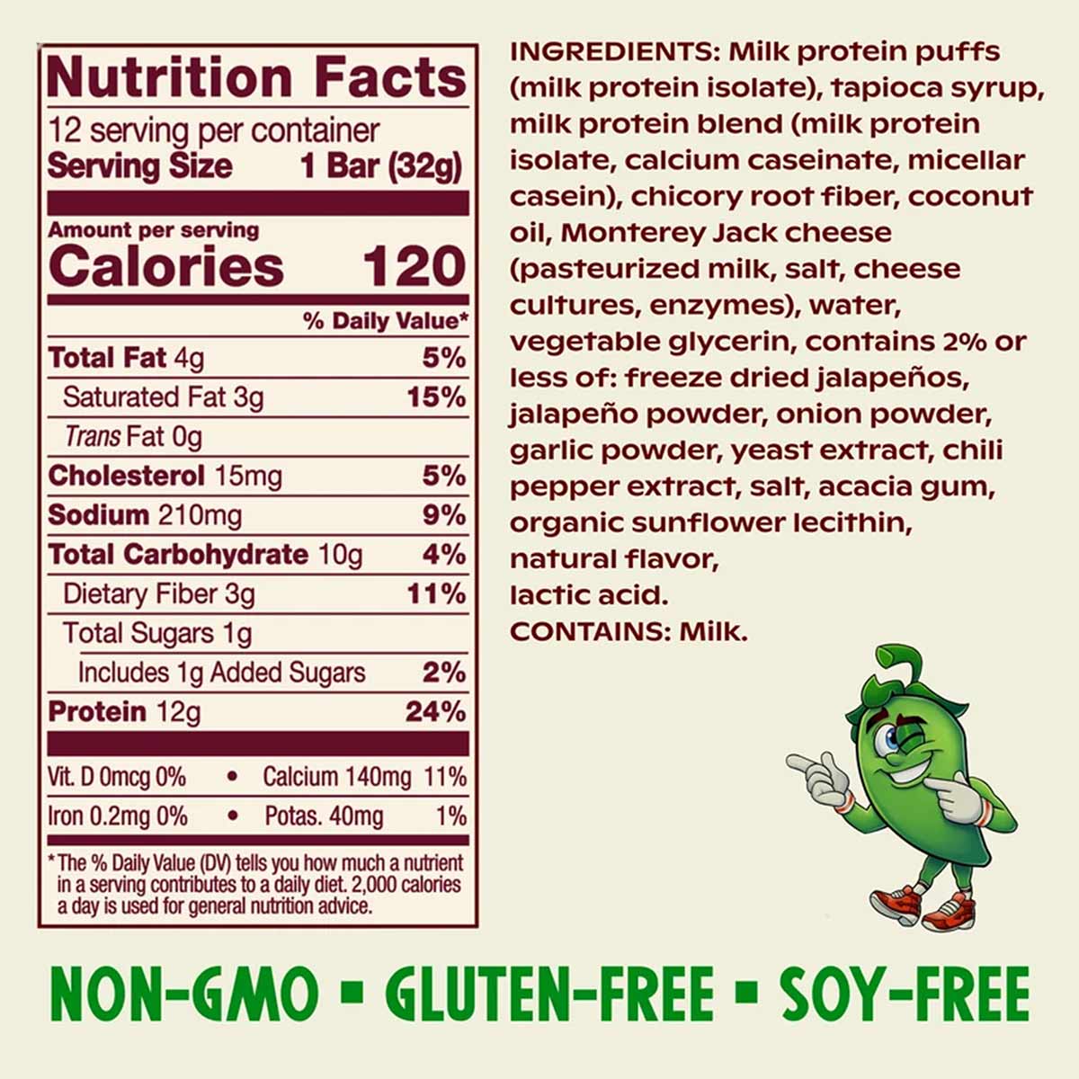 Puffed snack bar nutrition label showing 120 calories per 32g serving with 12g protein, ingredients list, and jalapeno mascot