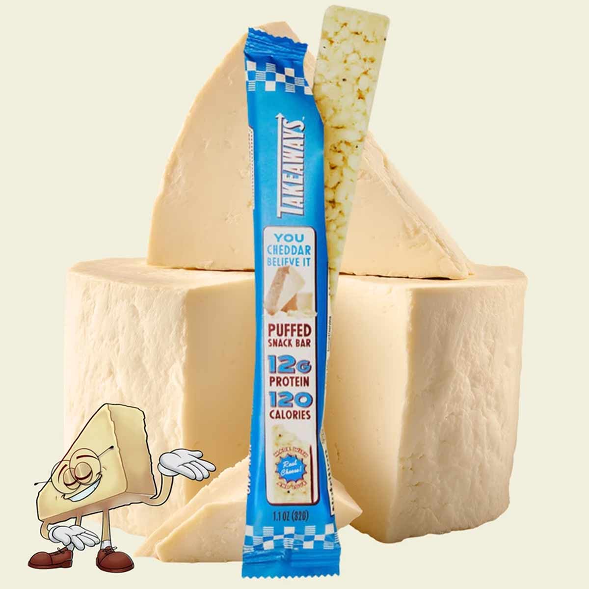 Cheddar-flavored puffed snack bar in blue wrapper surrounded by cheese blocks and cartoon cheese character.