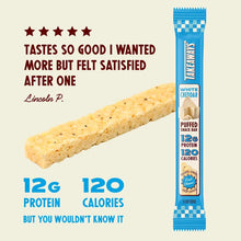 Takeaways white cheddar puffed snack bar with blue packaging showing 12g protein and 120 calories.