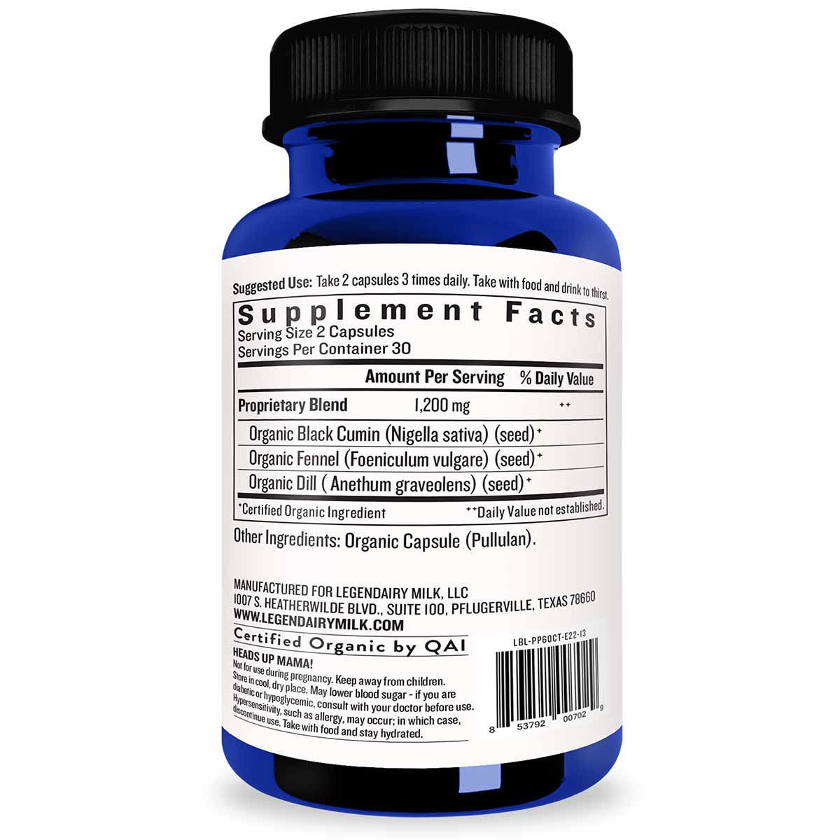 Blue and black supplement bottle labeled "Pump Princess" by Legendairy Milk containing organic herbal capsules with black cum