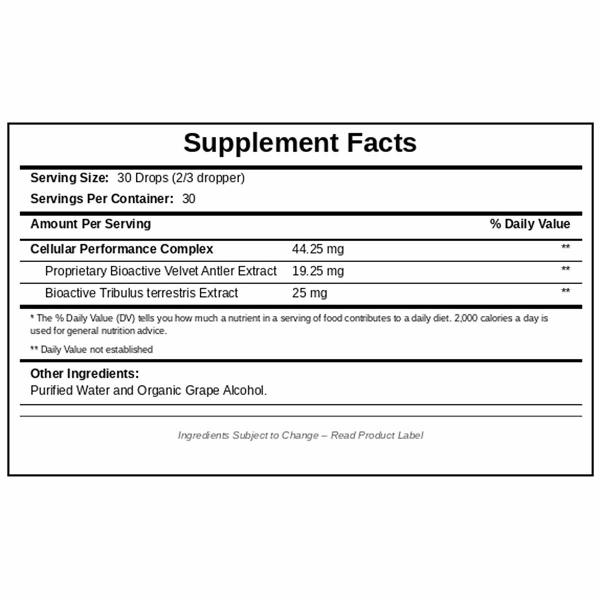 Supplement Facts label listing serving size, ingredients including velvet antler extract and tribulus terrestris extract, and