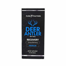 Black bottle of Pure Factors Deer Antler with Tribulus Recovery dietary supplement, 1 fl oz.
