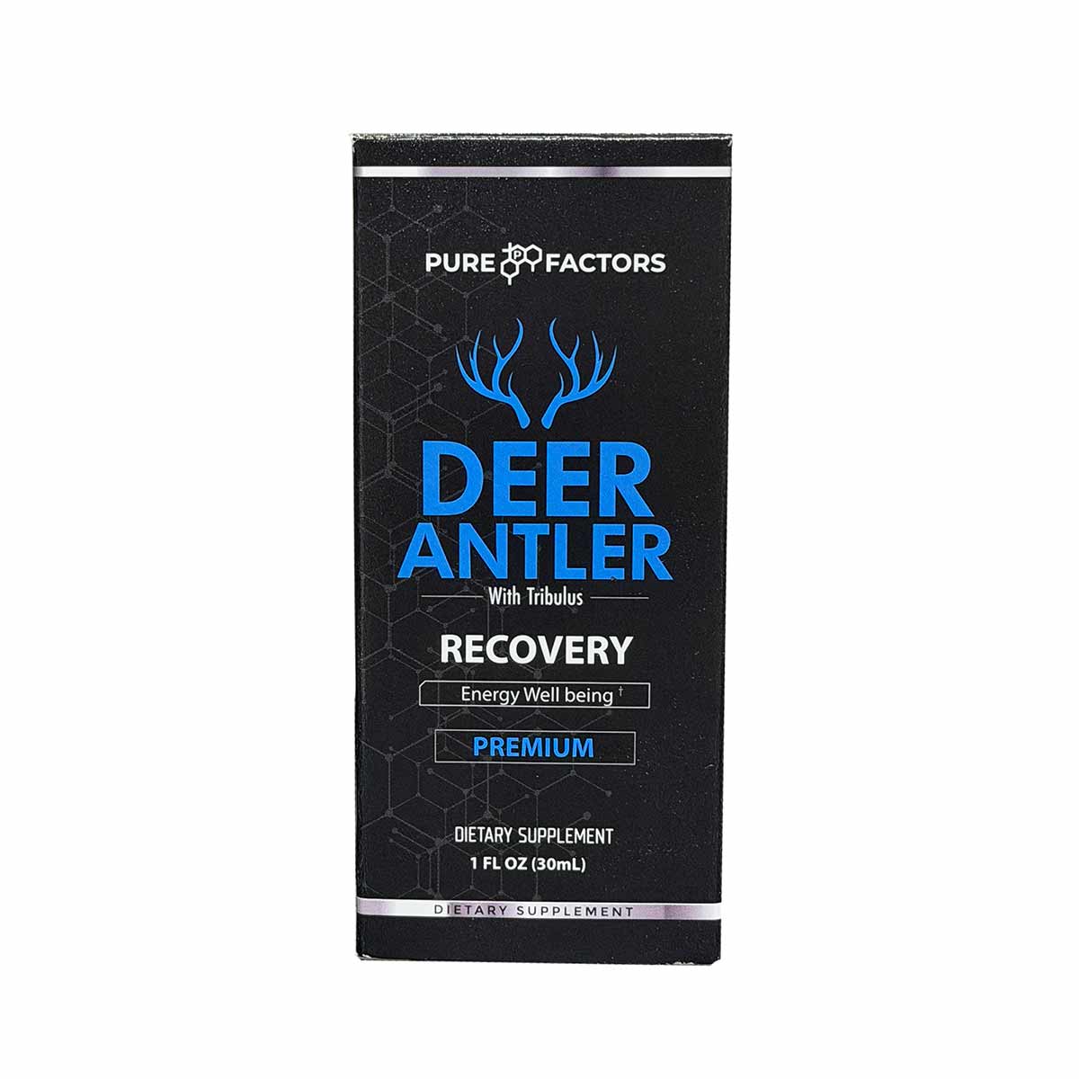 Black bottle of Pure Factors Deer Antler with Tribulus Recovery dietary supplement, 1 fl oz.