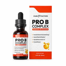 Pure Factors Pro B Complex Vitamin B Formula liquid supplement in dark brown dropper bottle with white and red box packaging.