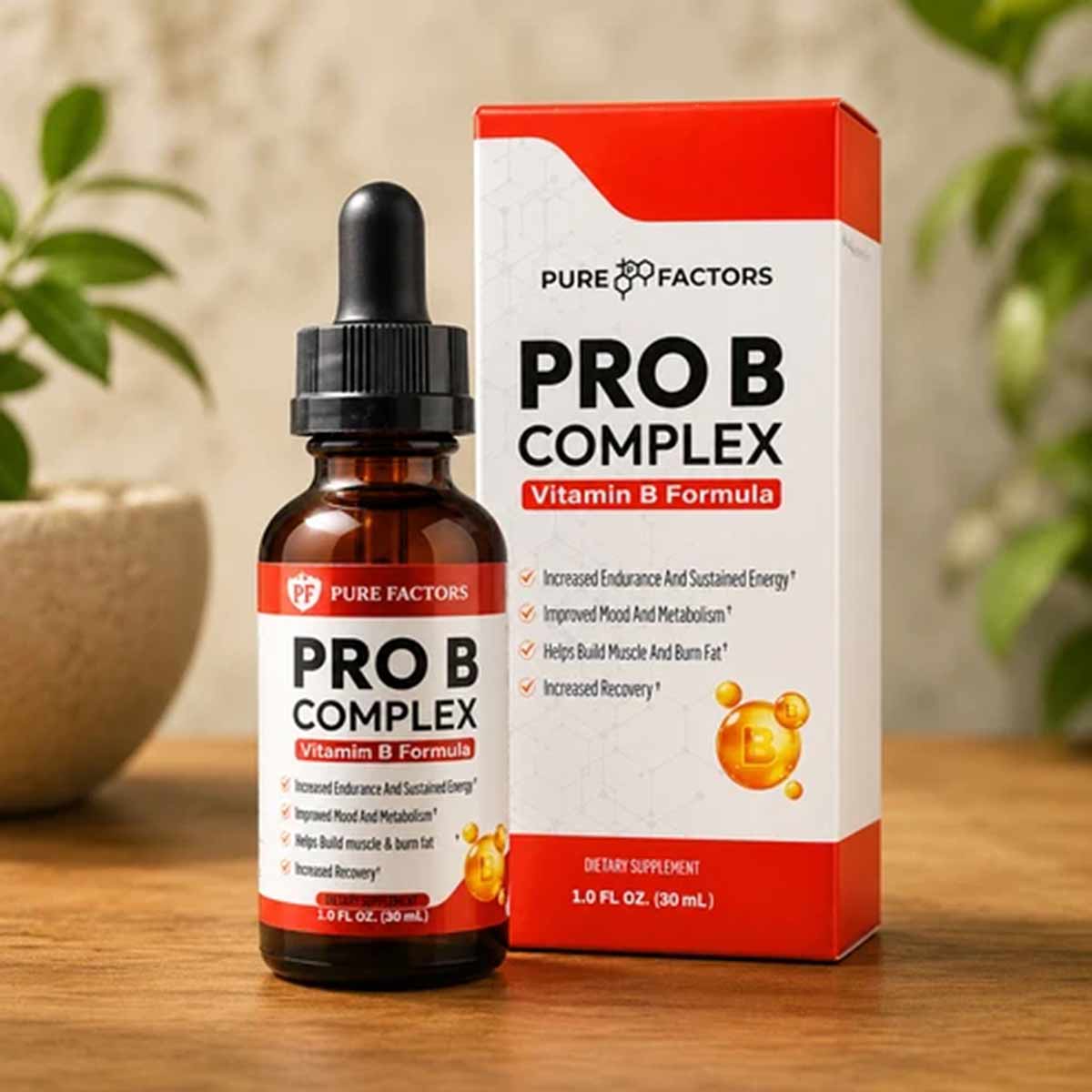 Brown glass dropper bottle and red-and-white box of Pure Factors Pro B Complex vitamin supplement, 1 oz size.