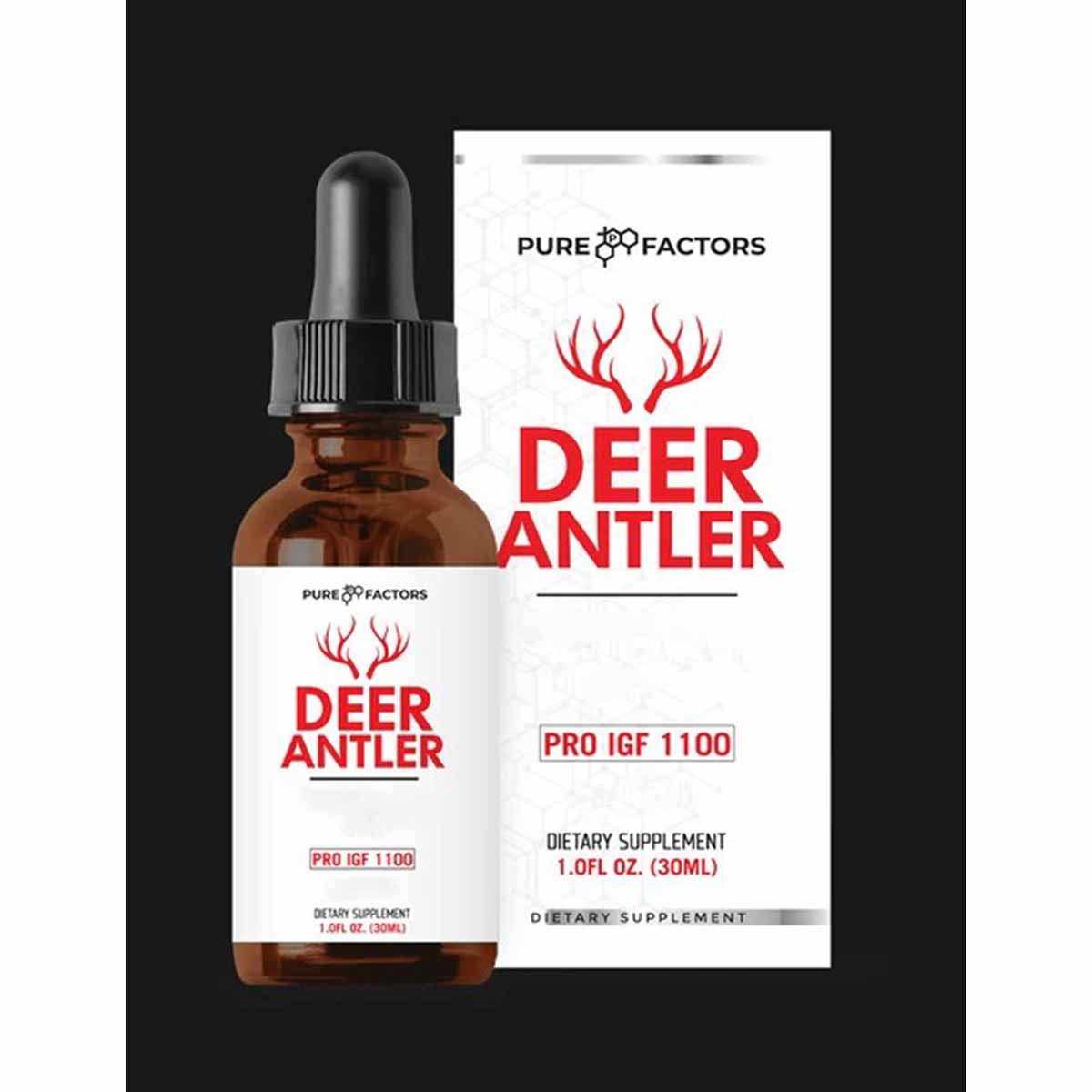 Brown glass dropper bottle with black cap and white label featuring red deer antler logo, displayed next to white product box