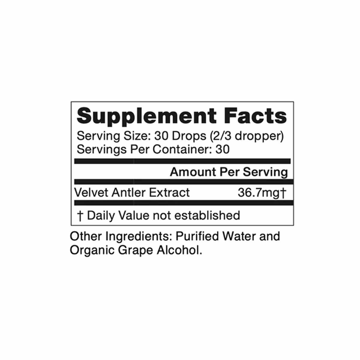 Supplement facts label for deer antler extract liquid supplement with 30 servings per container.