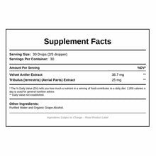 Supplement Facts label showing Velvet Antler Extract and Tribulus extract with serving size of 30 drops per 1 oz container.