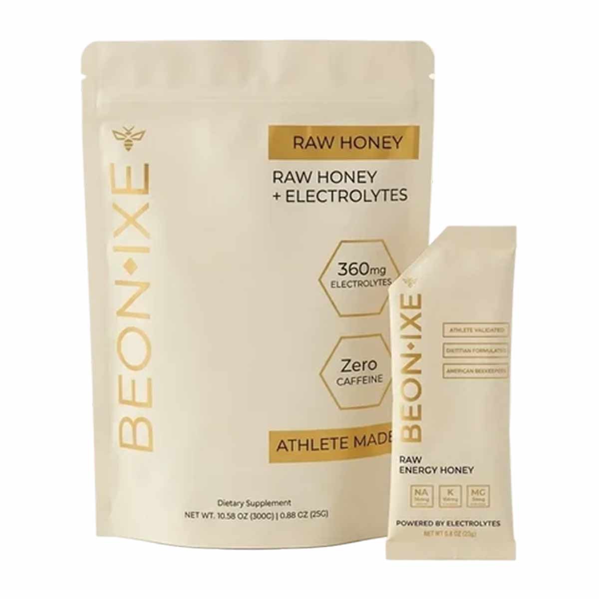 BEONIXE raw honey with electrolytes in bulk pouch and single-serve packet, labeled with 360mg electrolytes and zero caffeine.
