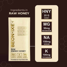 BEONIXE Raw Energy Honey packet showing 25g honey, 50mg magnesium, 150mg sodium, and 100mg potassium per serving.