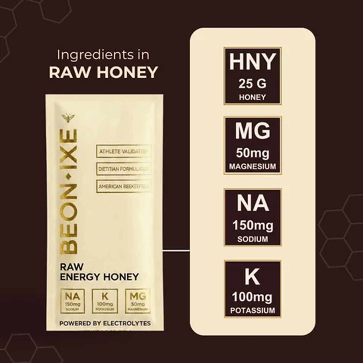 BEONIXE Raw Energy Honey packet showing 25g honey, 50mg magnesium, 150mg sodium, and 100mg potassium per serving.