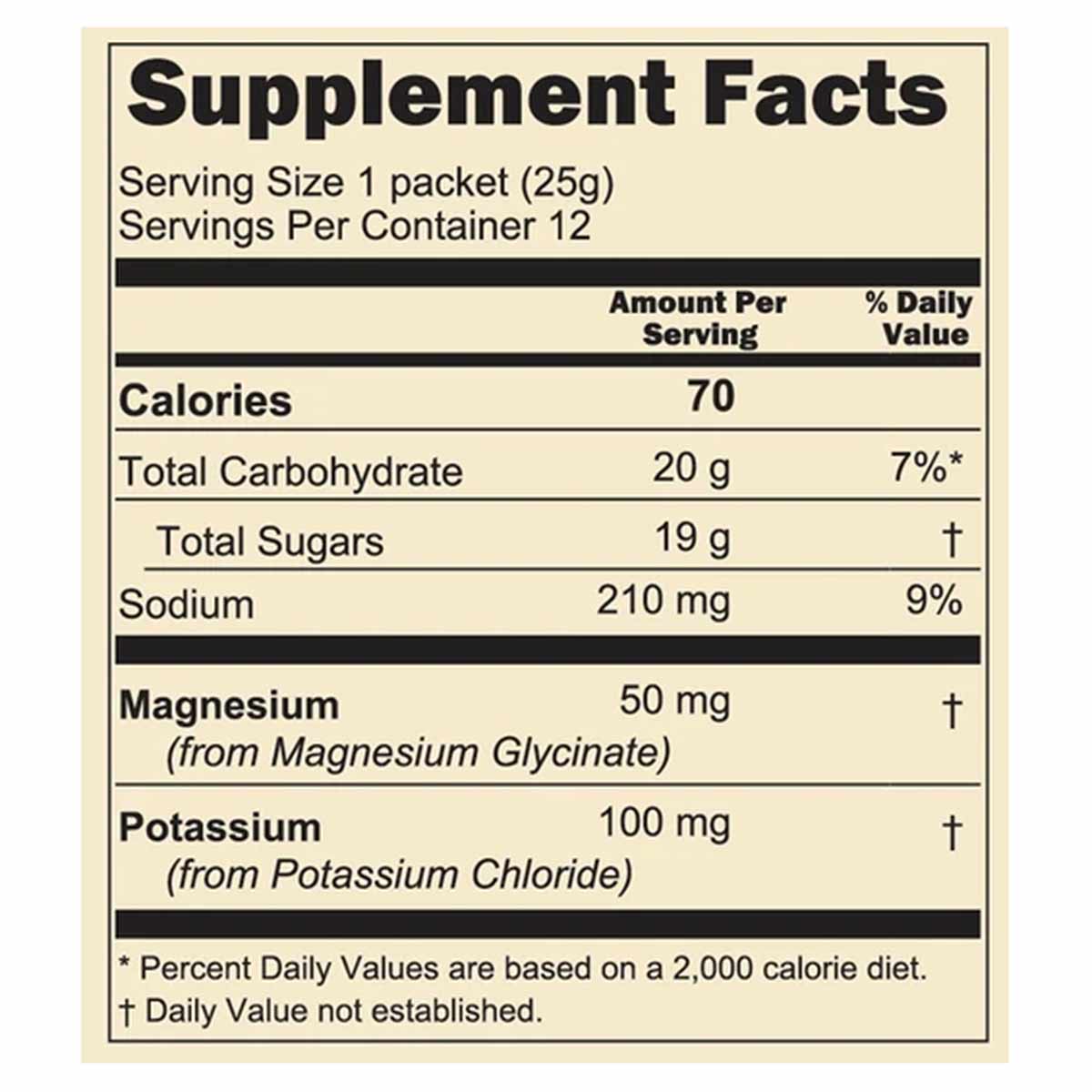 Supplement Facts label showing nutritional information for honey and electrolyte powder with serving size, calories, carbohyd