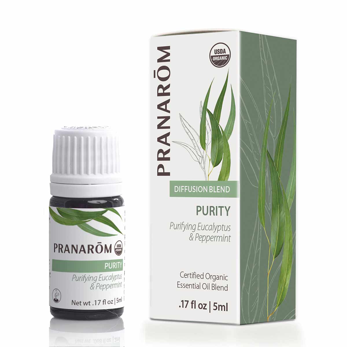 Pranarom Purity Essential Oil Blend 5ml bottle with white cap next to its white and green box packaging.