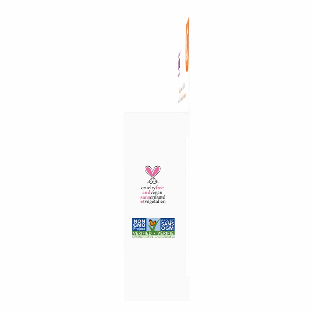Four essential oil bottles with colored labels displayed above white packaging box with cruelty-free and Non-GMO certificatio