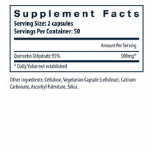 Supplement facts label for Quercetin Dihydrate 95% capsules showing 500mg per serving, 50 servings per container.