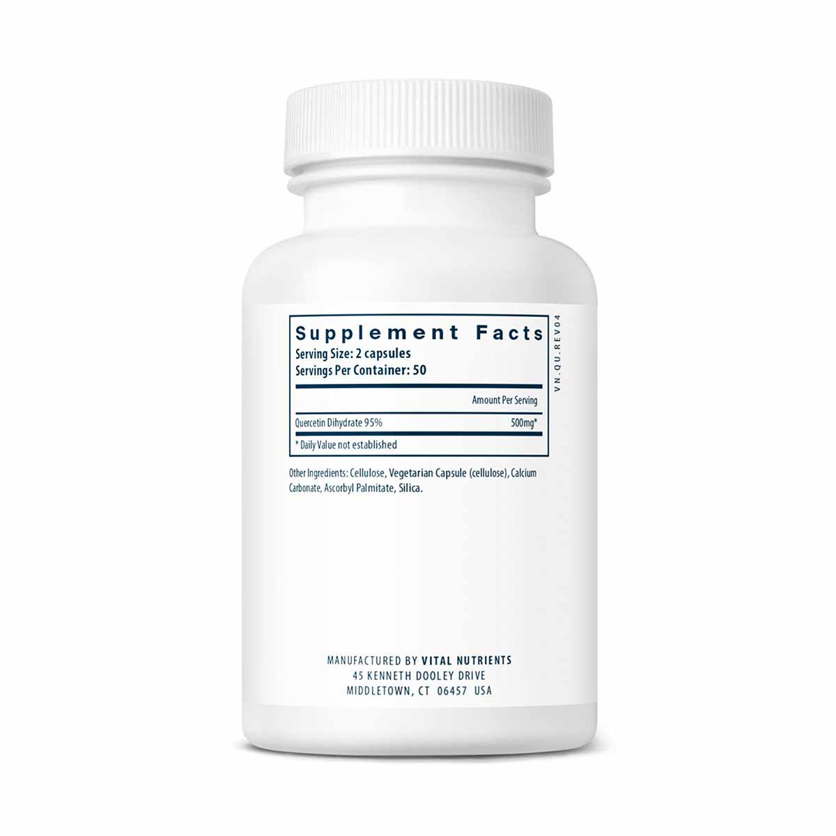 White supplement bottle with white screw cap containing quercetin capsules, displaying supplement facts label on front.