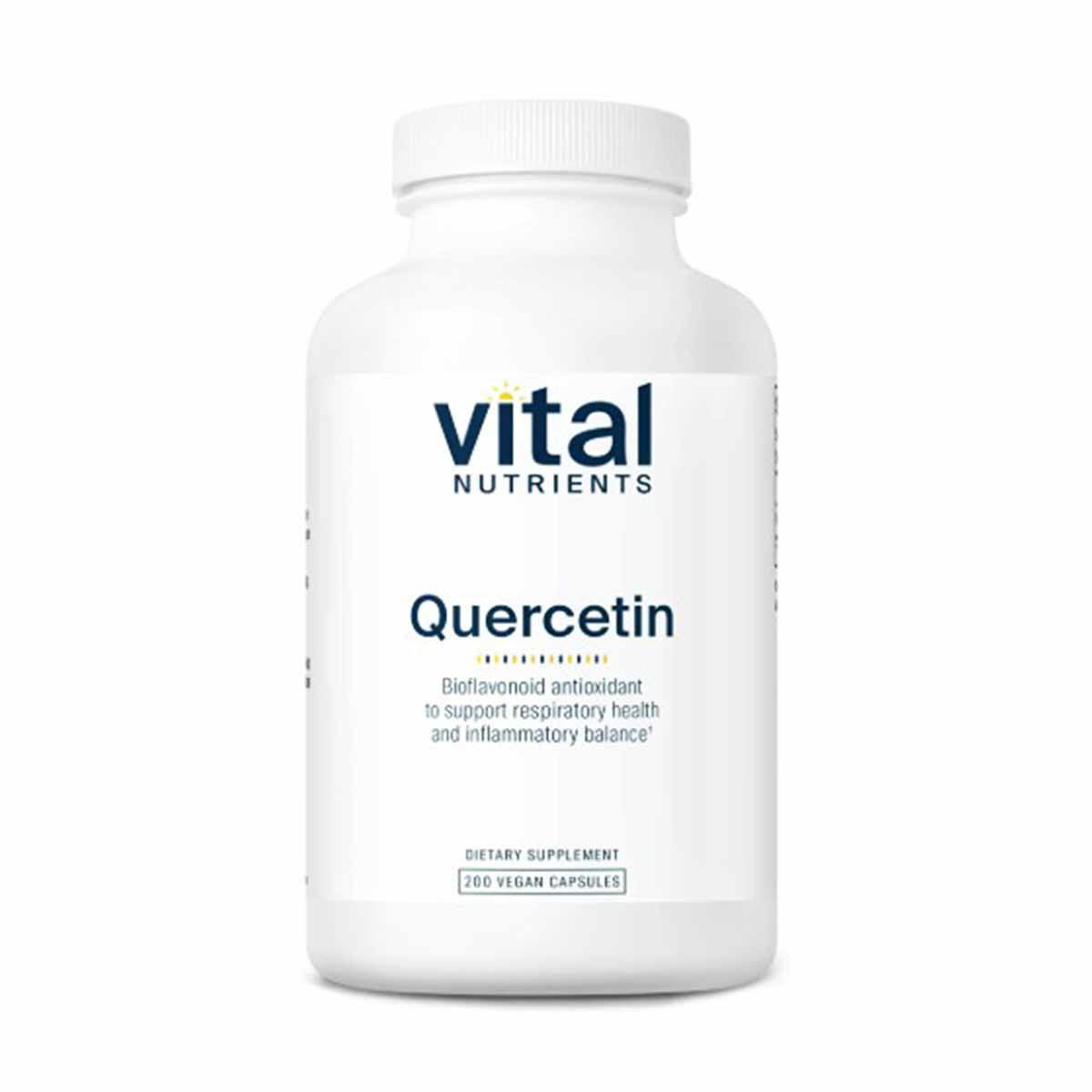 White bottle of Vital Nutrients Quercetin dietary supplement containing 200 vegan capsules.