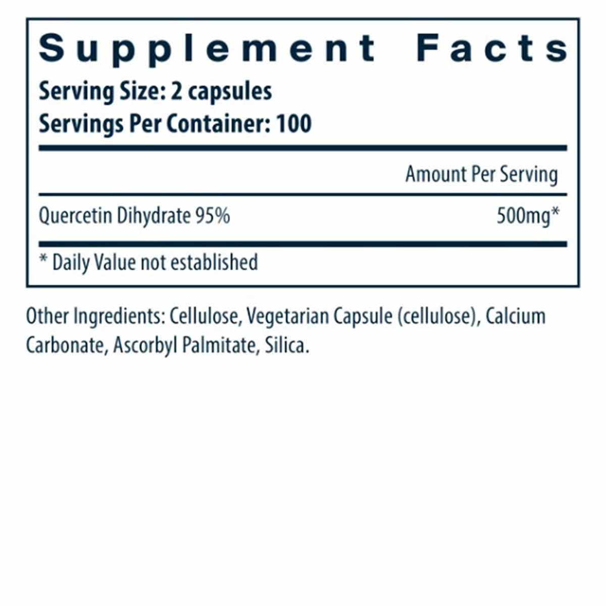 Supplement Facts label showing Quercetin Dihydrate 95% 500mg per serving, 2 capsules, 100 servings per container.