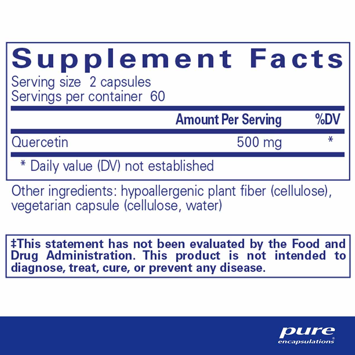 Supplement Facts label showing Quercetin 500 mg per serving with serving size of 2 capsules and 60 servings per container.