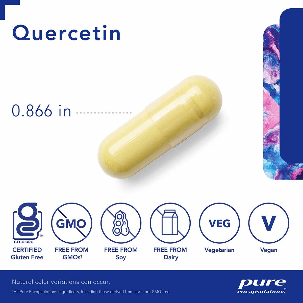 Yellow Quercetin capsule measuring 0.866 inches with certification badges for gluten-free, GMO-free, soy-free, dairy-free, ve
